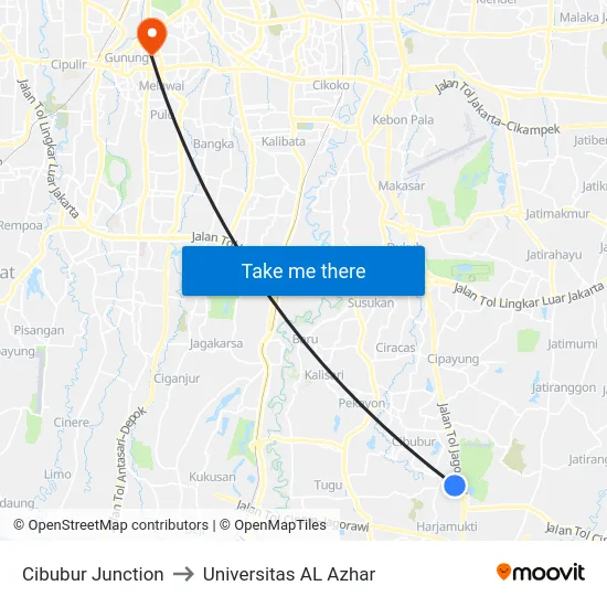 Cibubur Junction to Universitas AL Azhar map