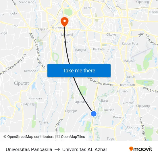 Universitas Pancasila to Universitas AL Azhar map