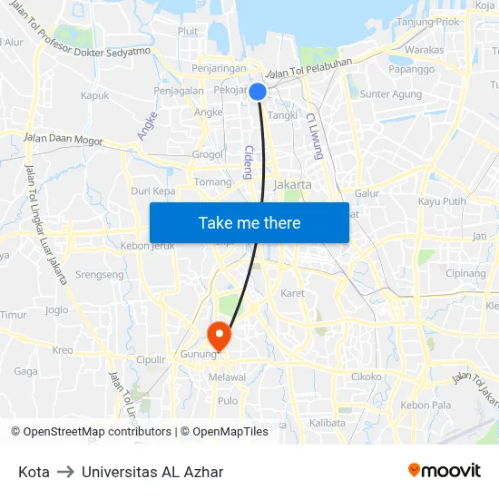 Kota to Universitas AL Azhar map