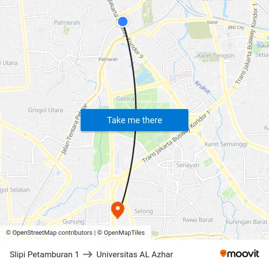 Slipi Petamburan 1 to Universitas AL Azhar map