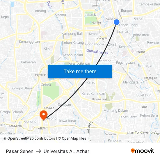 Pasar Senen to Universitas AL Azhar map