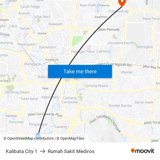 Kalibata City 1 to Rumah Sakit Mediros map