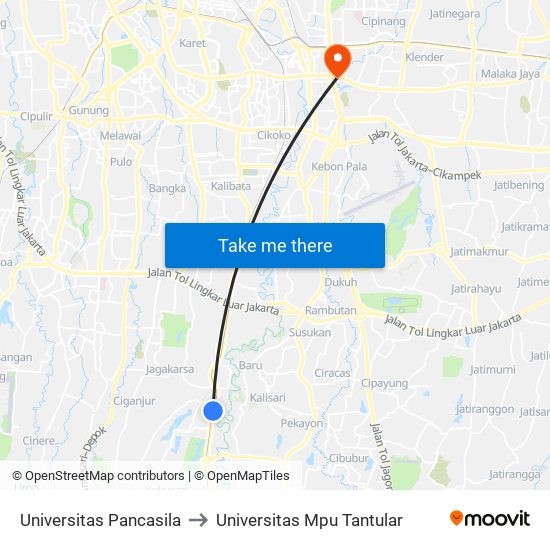 Universitas Pancasila to Universitas Mpu Tantular map