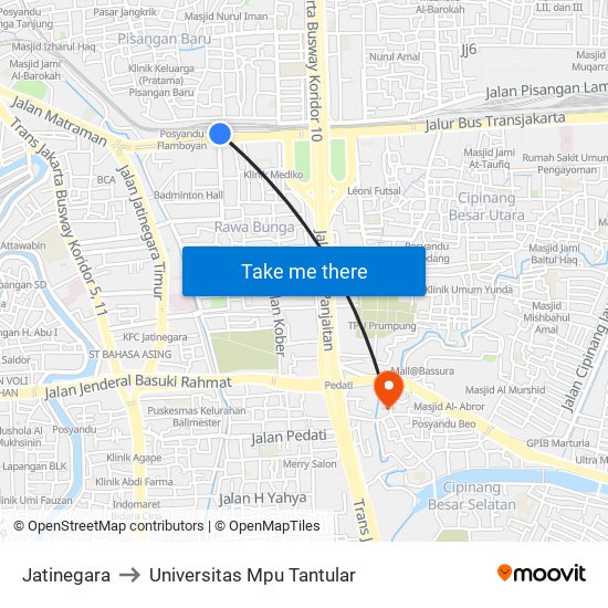 Jatinegara to Universitas Mpu Tantular map