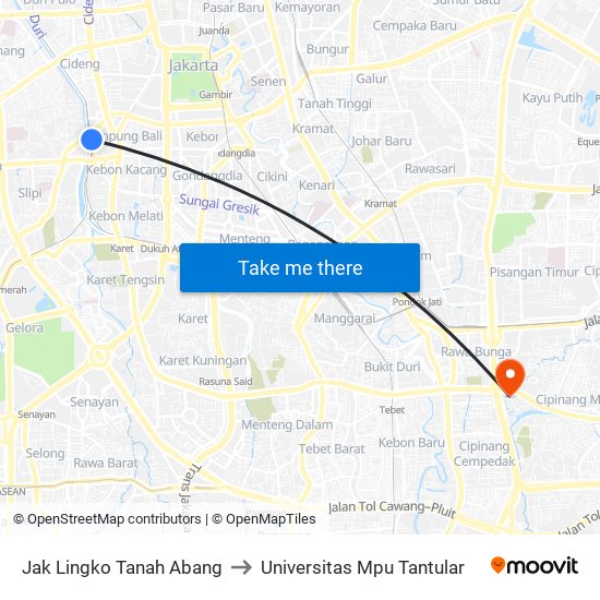 Jak Lingko Tanah Abang to Universitas Mpu Tantular map