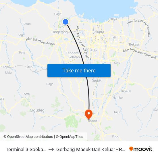 Terminal 3 Soekarno-Hatta to Gerbang Masuk Dan Keluar - RSUD Kota Bogor map