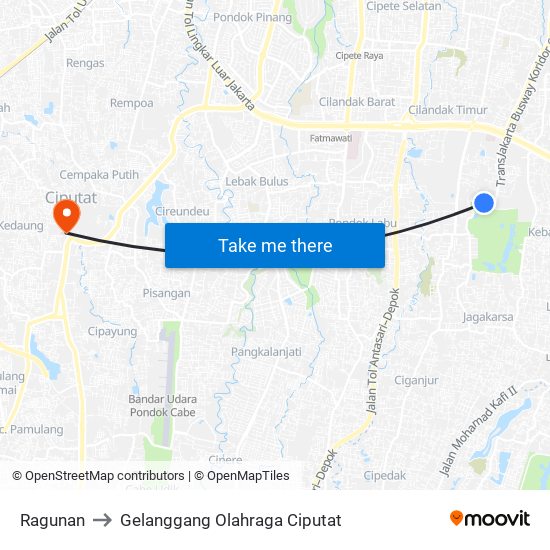 Ragunan to Gelanggang Olahraga Ciputat map