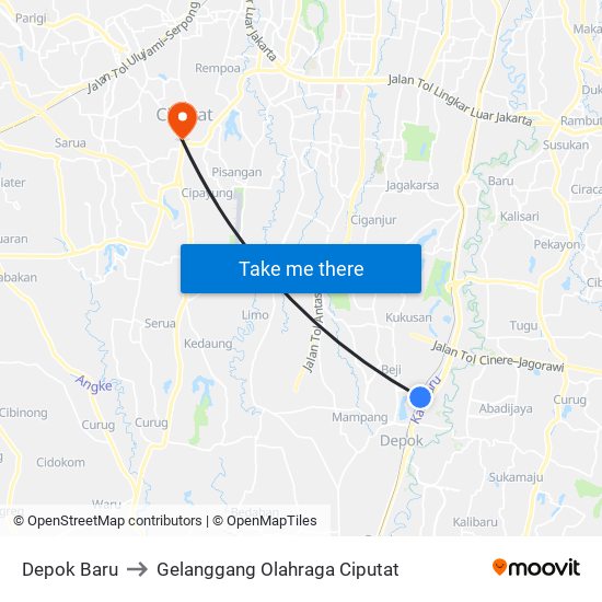 Depok Baru to Gelanggang Olahraga Ciputat map