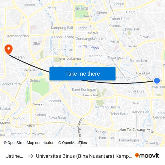 Jatinegara to Universitas Binus (Bina Nusantara) Kampus Syahdan map