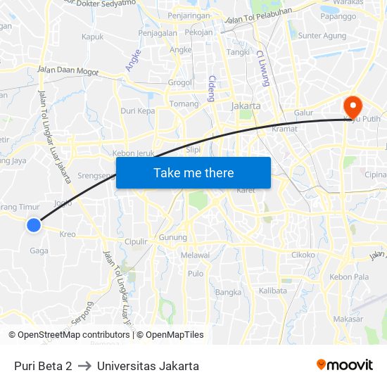 Puri Beta 2 to Universitas Jakarta map