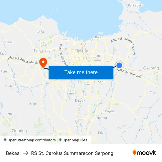Bekasi to RS St. Carolus Summarecon Serpong map