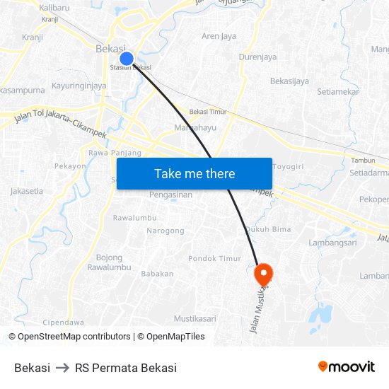 Bekasi to RS Permata Bekasi map