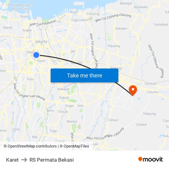 Karet to RS Permata Bekasi map