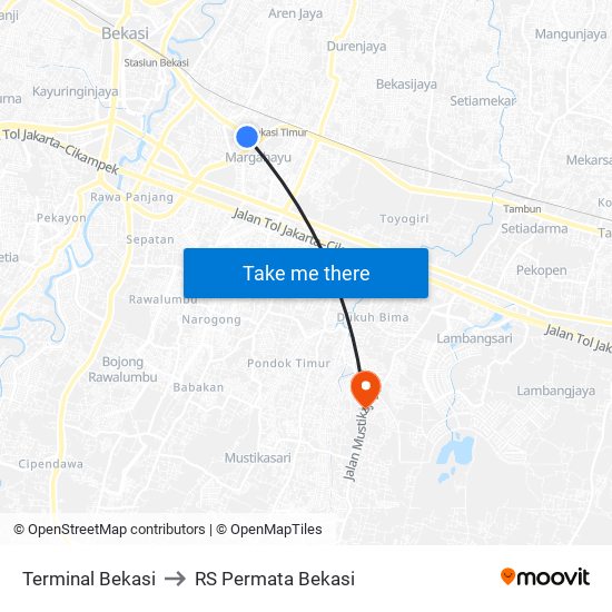 Terminal Bekasi to RS Permata Bekasi map