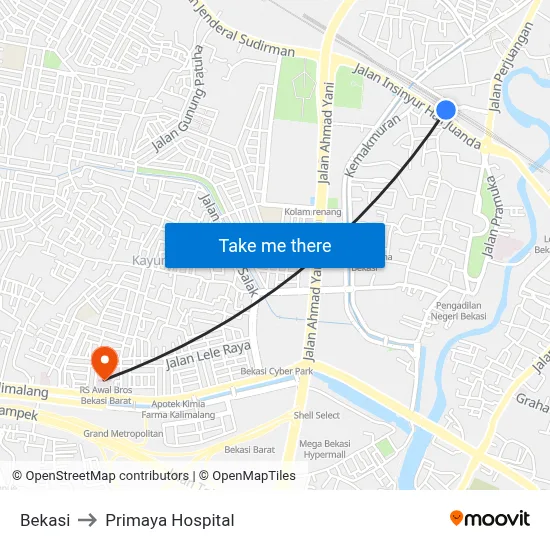 Bekasi to Primaya Hospital map