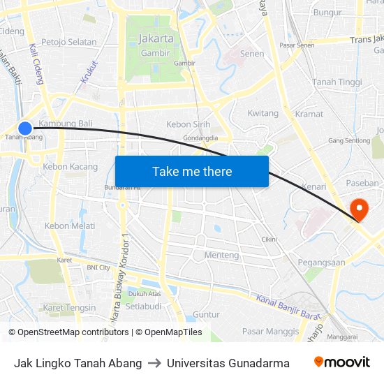 Jak Lingko Tanah Abang to Universitas Gunadarma map