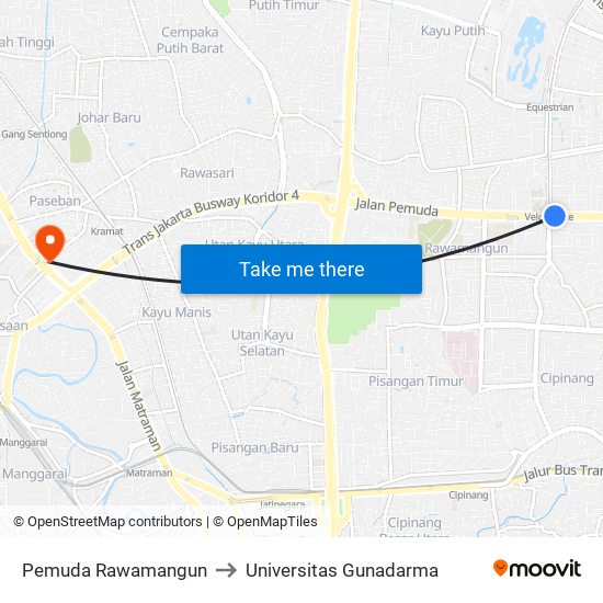 Pemuda Rawamangun to Universitas Gunadarma map