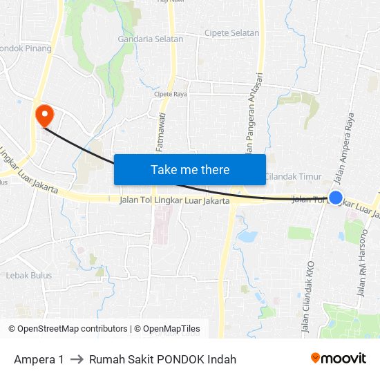 Ampera 1 to Rumah Sakit PONDOK Indah map