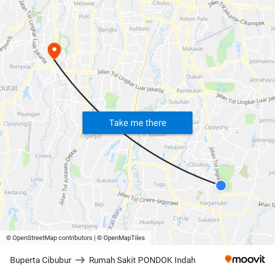 Buperta Cibubur to Rumah Sakit PONDOK Indah map