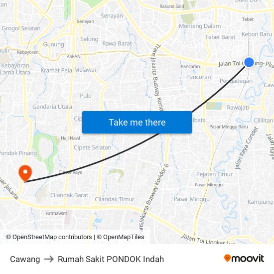 Cawang to Rumah Sakit PONDOK Indah map