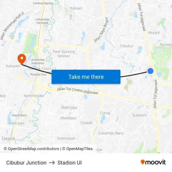 Cibubur Junction to Stadion UI map