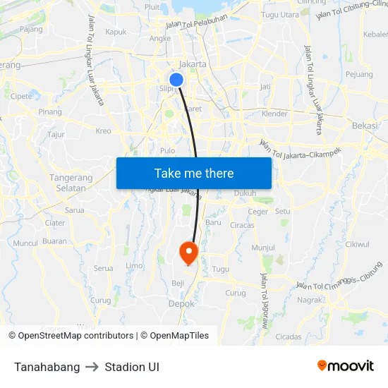 Tanahabang to Stadion UI map