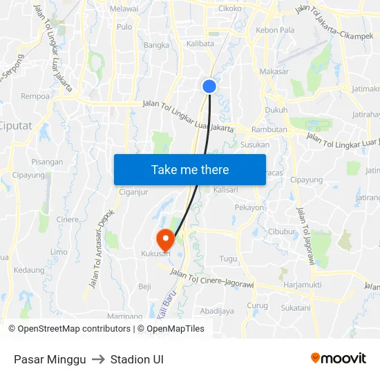 Pasar Minggu to Stadion UI map