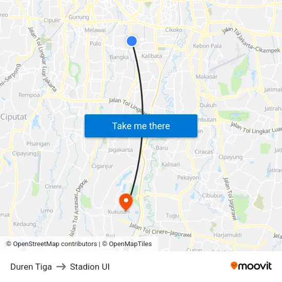 Duren Tiga to Stadion UI map