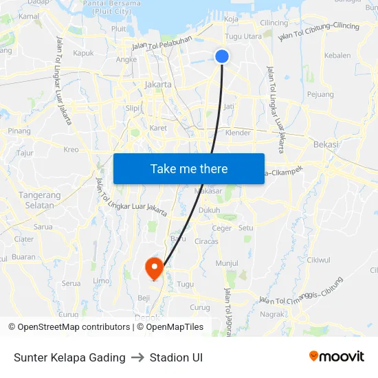 Sunter Kelapa Gading to Stadion UI map