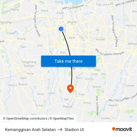 Kemanggisan Arah Selatan to Stadion UI map