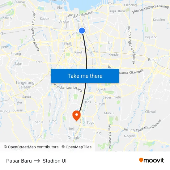 Pasar Baru to Stadion UI map