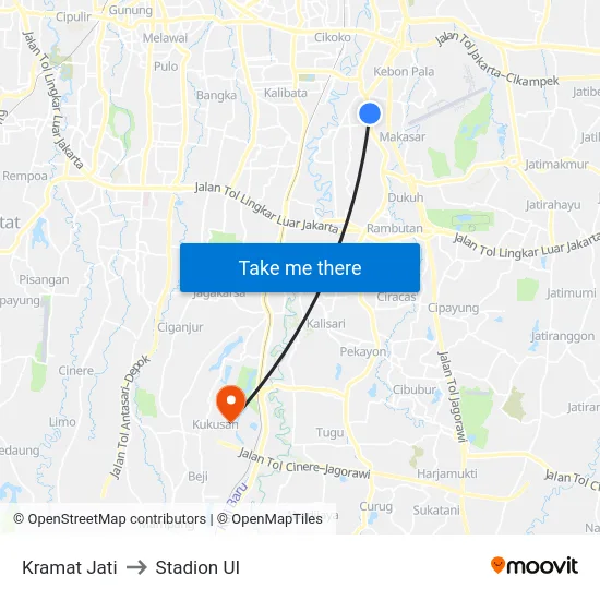 Kramat Jati to Stadion UI map