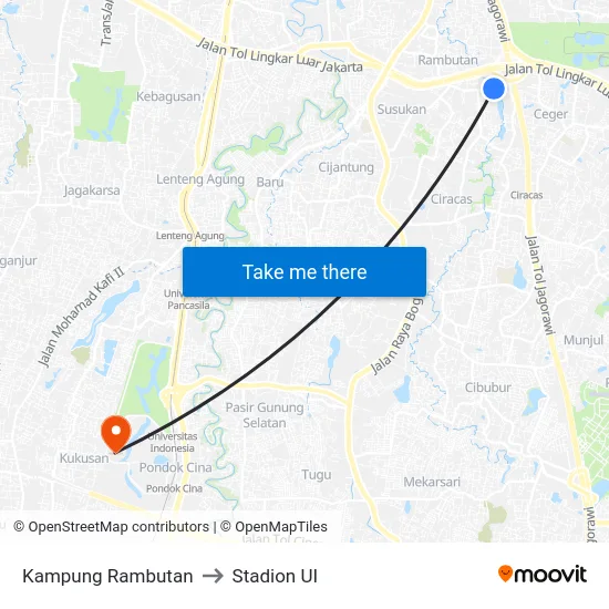 Kampung Rambutan to Stadion UI map
