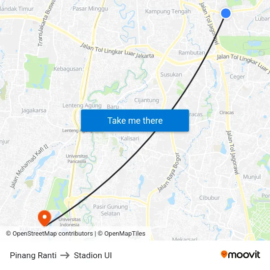 Pinang Ranti to Stadion UI map