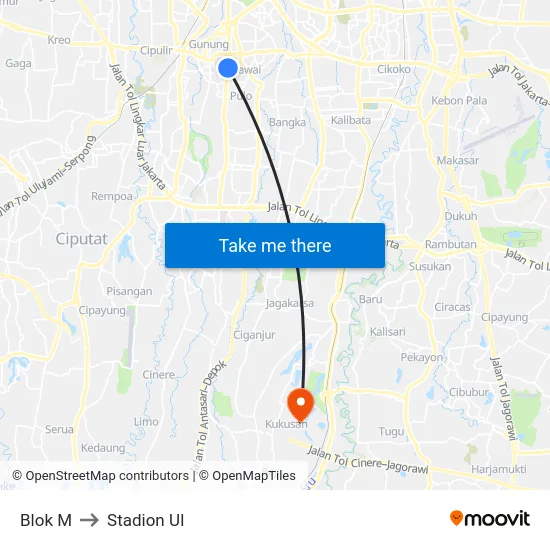 Blok M to Stadion UI map