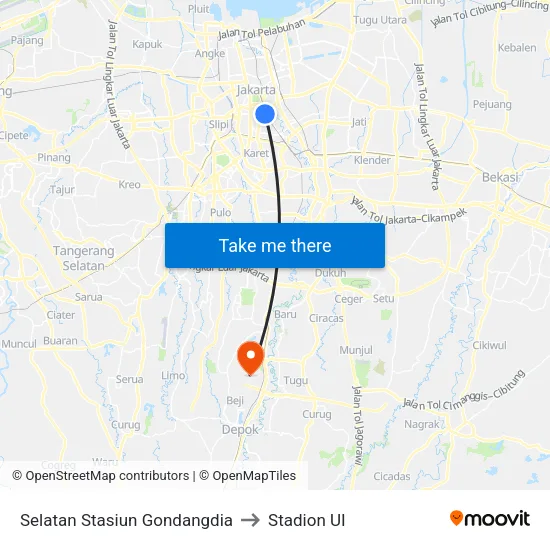 Selatan Stasiun Gondangdia to Stadion UI map