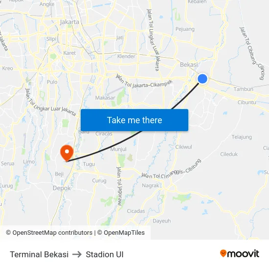 Terminal Bekasi to Stadion UI map