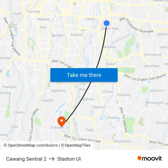 Cawang Sentral 2 to Stadion UI map