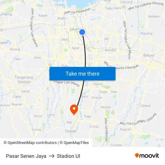 Pasar Senen Jaya to Stadion UI map