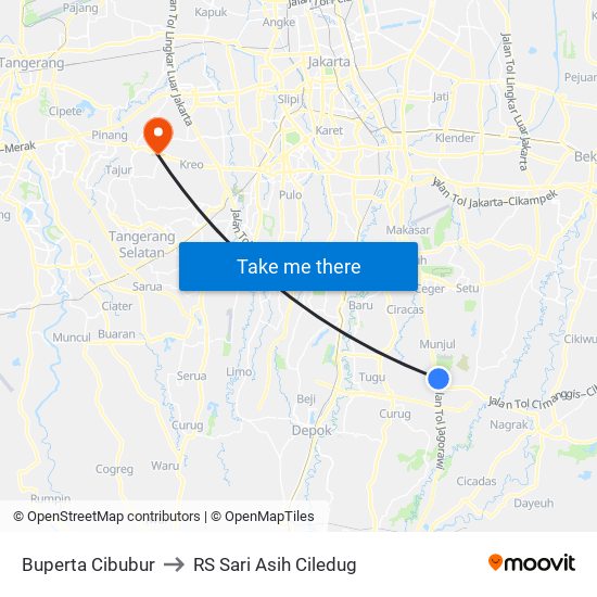Buperta Cibubur to RS Sari Asih Ciledug map