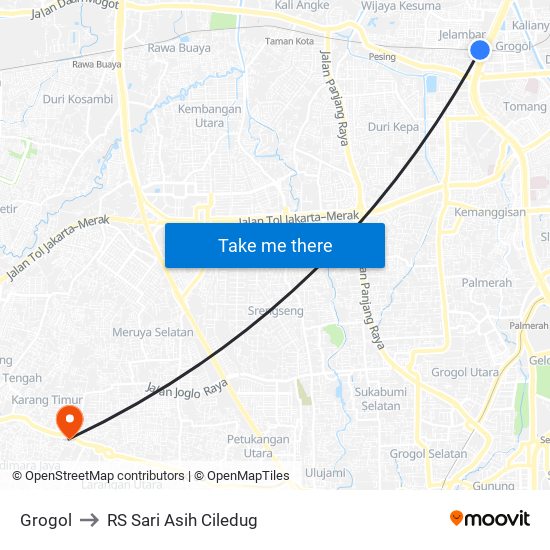 Grogol to RS Sari Asih Ciledug map