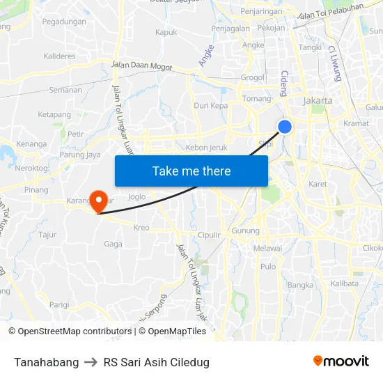 Tanahabang to RS Sari Asih Ciledug map