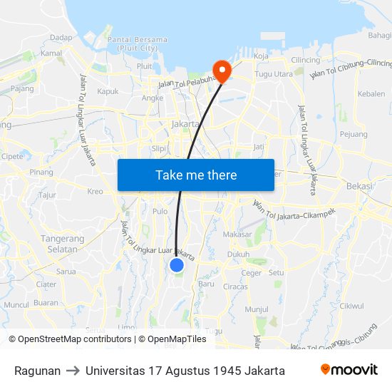 Ragunan to Universitas 17 Agustus 1945 Jakarta map