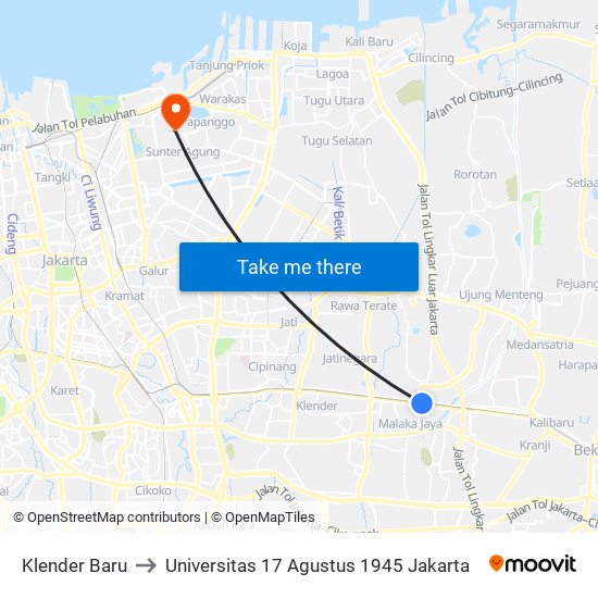 Klender Baru to Universitas 17 Agustus 1945 Jakarta map