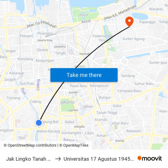 Jak Lingko Tanah Abang to Universitas 17 Agustus 1945 Jakarta map