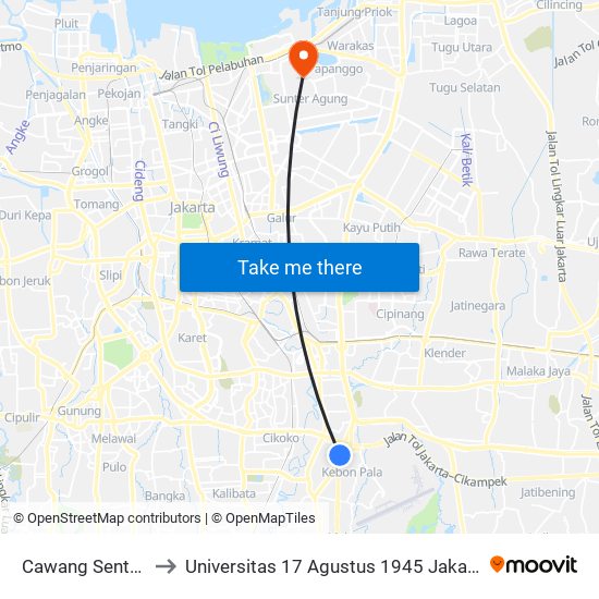 Cawang Sentral to Universitas 17 Agustus 1945 Jakarta map