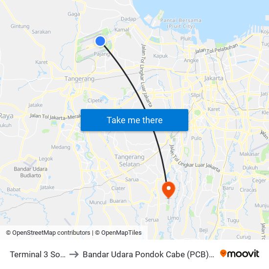 Terminal 3 Soekarno-Hatta to Bandar Udara Pondok Cabe (PCB) (Bandar Udara Pondok Cabe) map