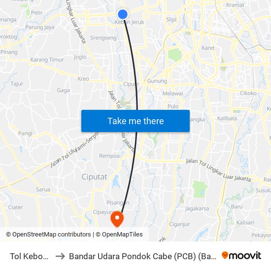 Tol Kebon Jeruk 1 to Bandar Udara Pondok Cabe (PCB) (Bandar Udara Pondok Cabe) map