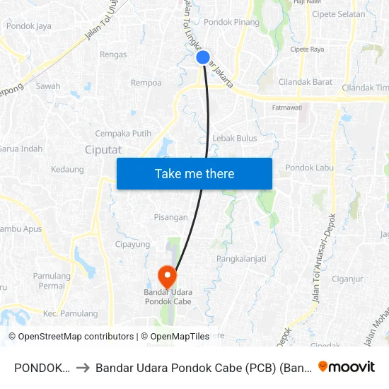 PONDOK Pinang to Bandar Udara Pondok Cabe (PCB) (Bandar Udara Pondok Cabe) map