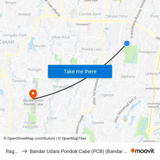 Ragunan to Bandar Udara Pondok Cabe (PCB) (Bandar Udara Pondok Cabe) map
